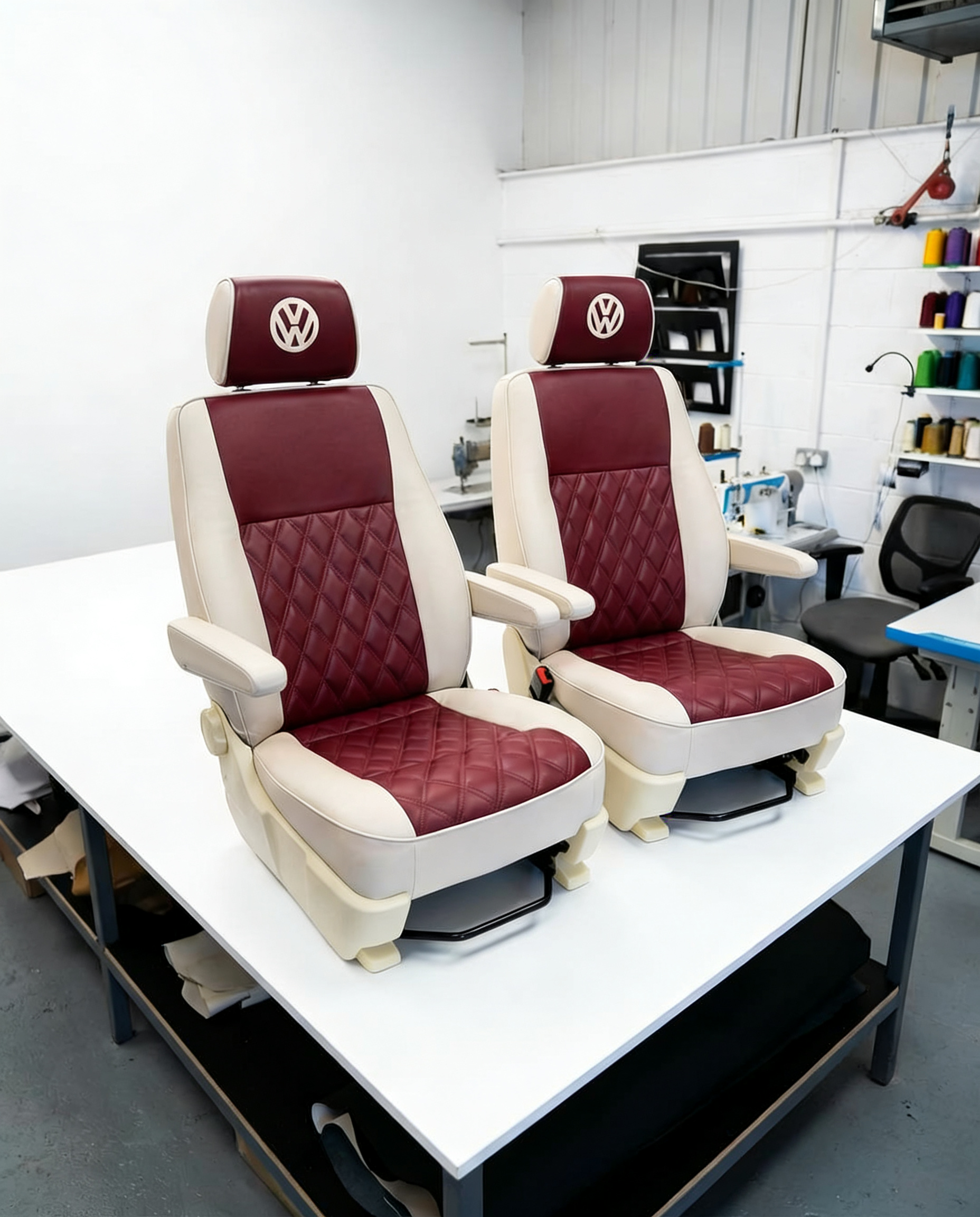 VW T4 cream and burgundy seats upholstery Blue Note Upholstery